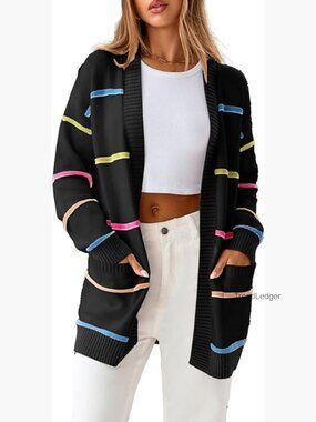 Lightweight Striped Cardigan Long Sleeve Open Front Loose Fit
